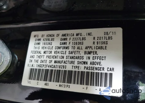 2012 Honda Accord 2.4 Lx-P from USA, damaged, VIN 1HGCP2F44CA018290